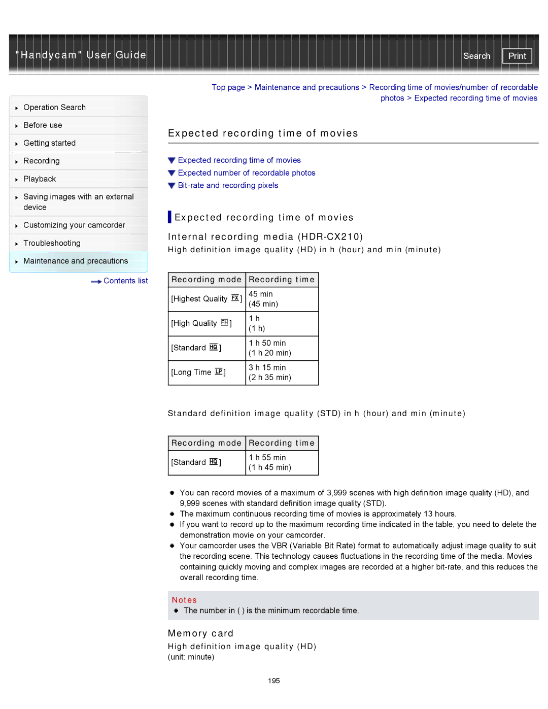 Sony CX200, HDR-CX190, PJ200, CX210 manual Expected recording time of movies, Memory card, High definition image quality HD 