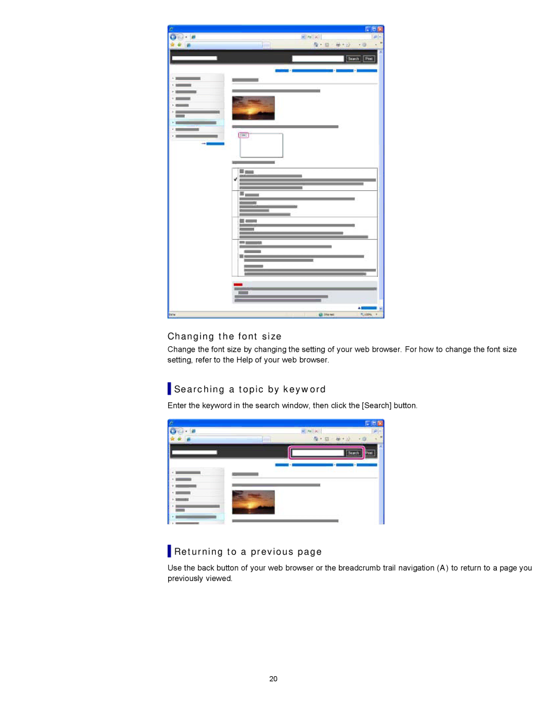 Sony HDR-CX190, PJ200, CX210, CX200 manual Changing the font size, Searching a topic by keyword, Returning to a previous 