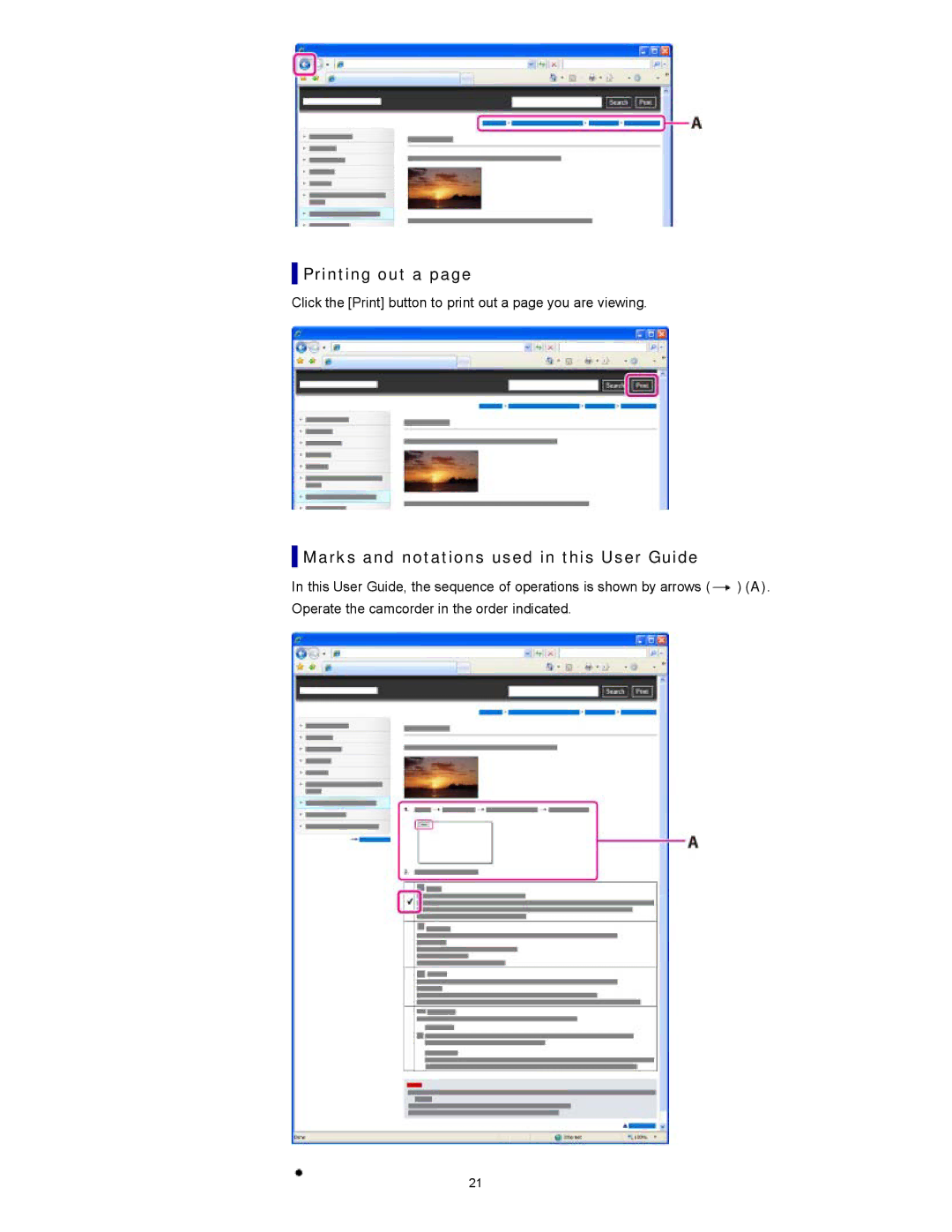 Sony PJ200, HDR-CX190, CX210, CX200 manual Printing out a, Marks and notations used in this User Guide 