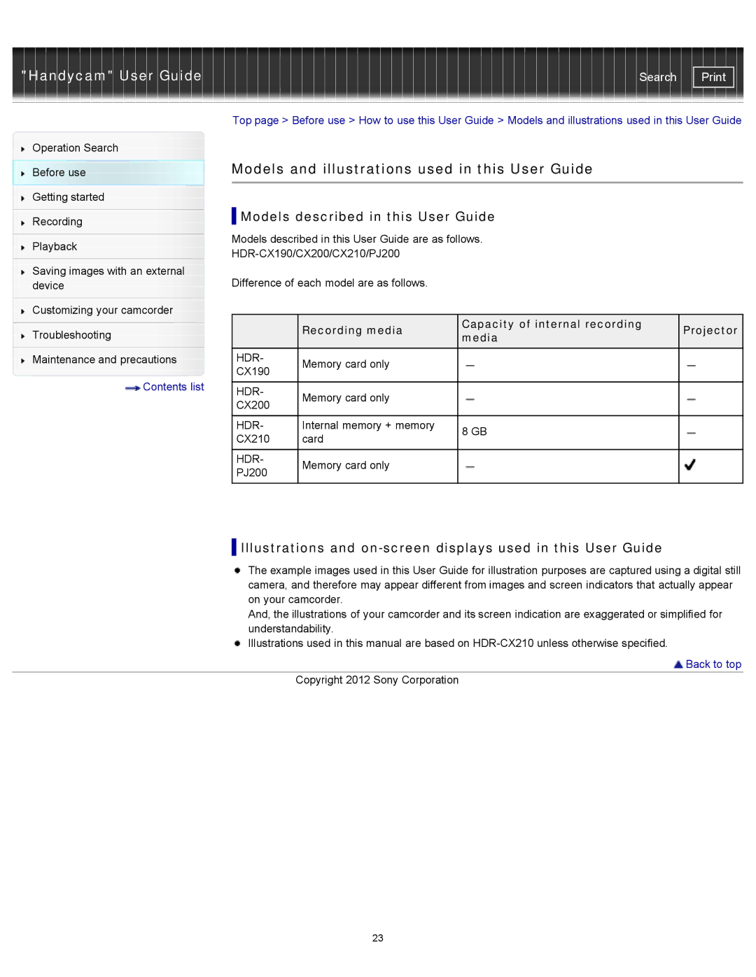 Sony CX200, HDR-CX190, PJ200, CX210 Models and illustrations used in this User Guide, Models described in this User Guide 