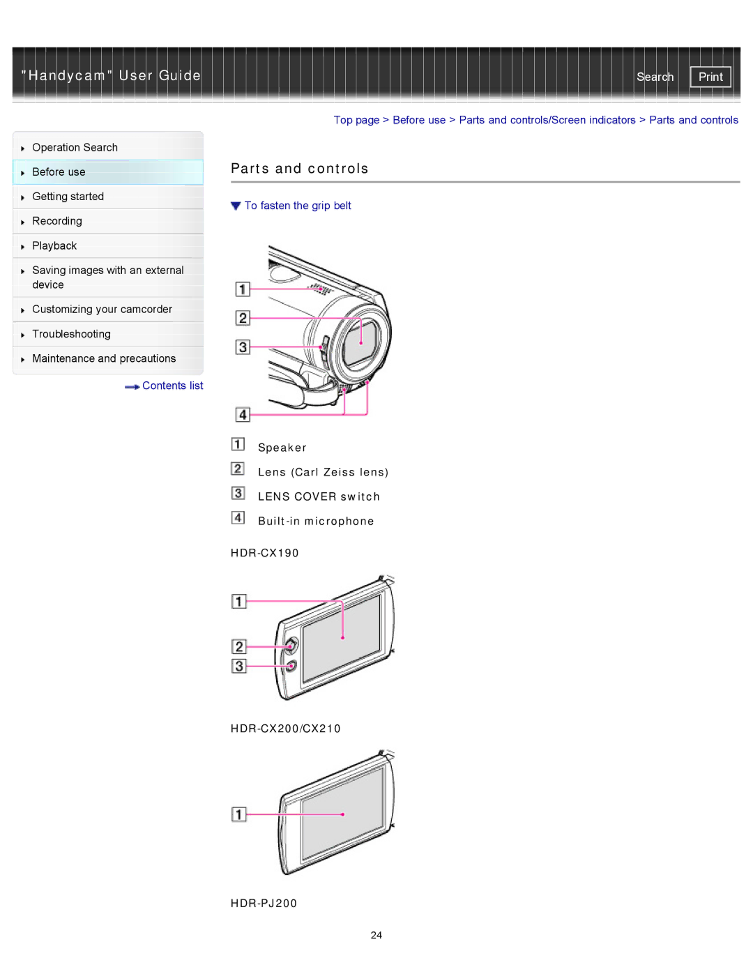 Sony HDR-CX190, PJ200 manual Parts and controls, To fasten the grip belt, HDR-CX200/CX210 