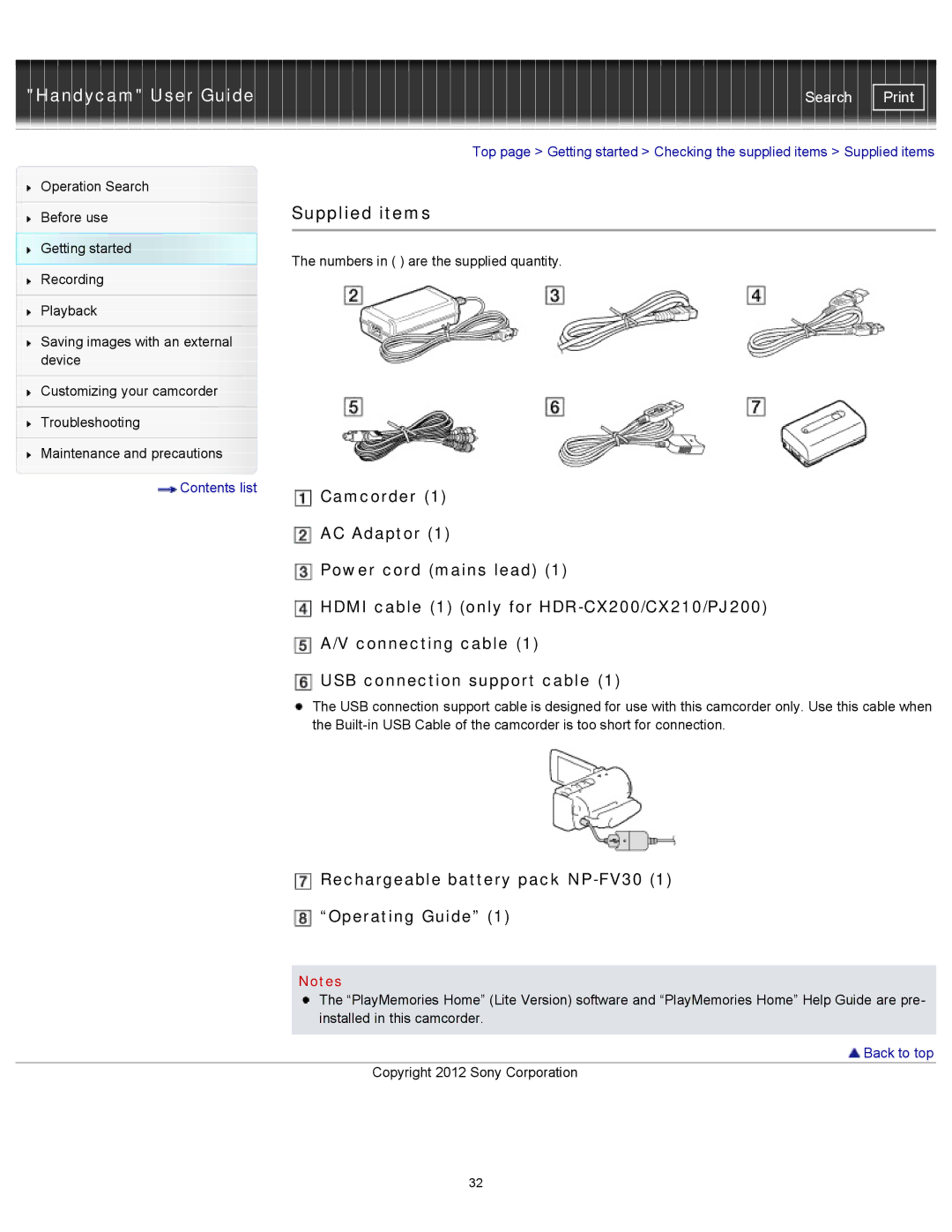 Sony HDR-CX190, PJ200, CX210, CX200 manual Supplied items, Rechargeable battery pack NP-FV30 1 Operating Guide 