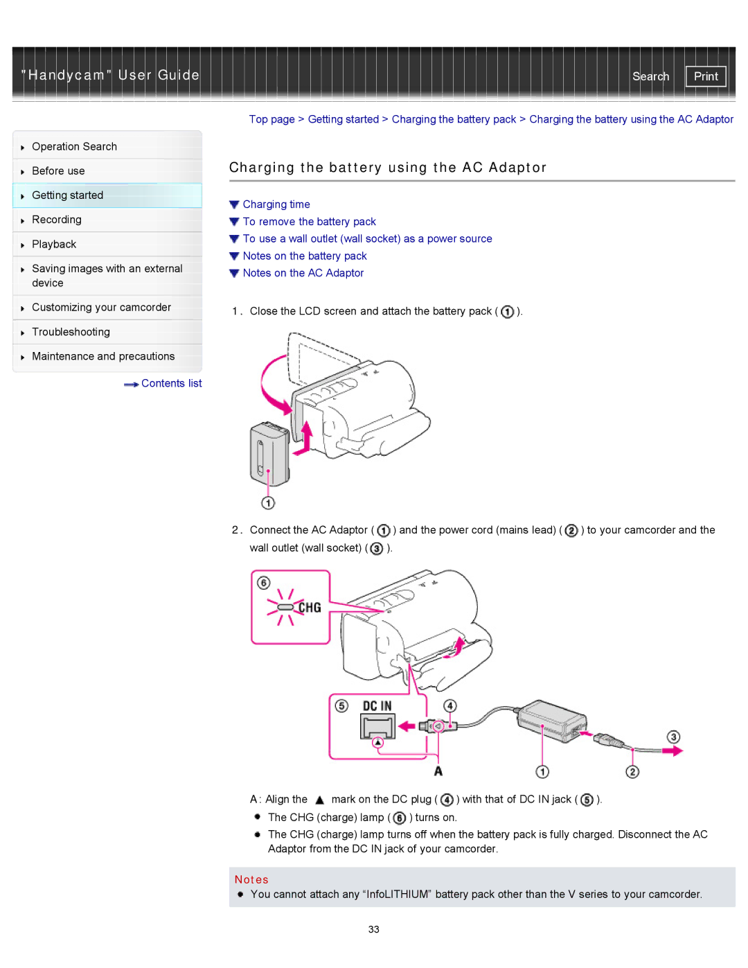 Sony PJ200, HDR-CX190, CX210, CX200 manual Charging the battery using the AC Adaptor 