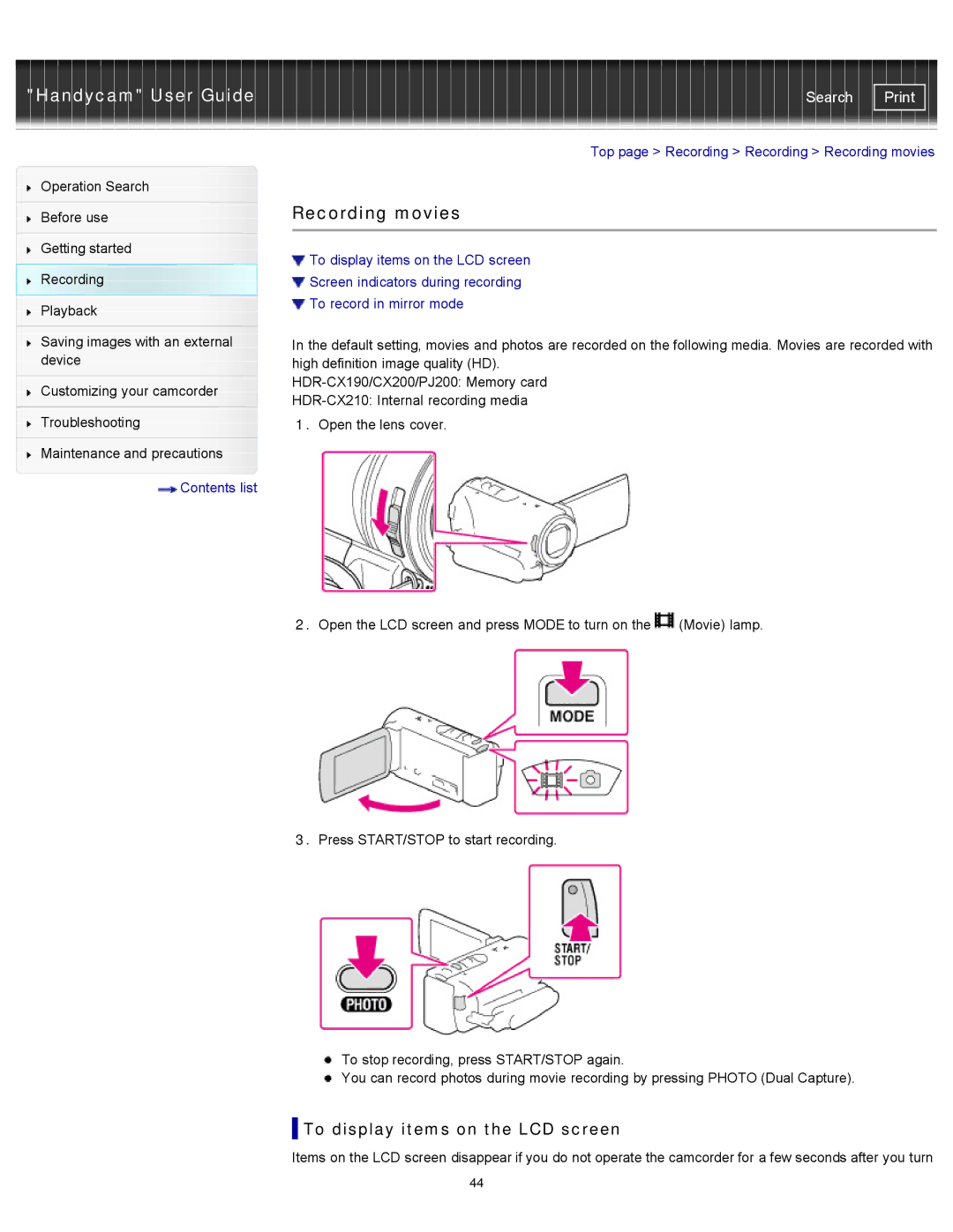 Sony HDR-CX190, PJ200, CX210, CX200 To display items on the LCD screen, Top page Recording Recording Recording movies 