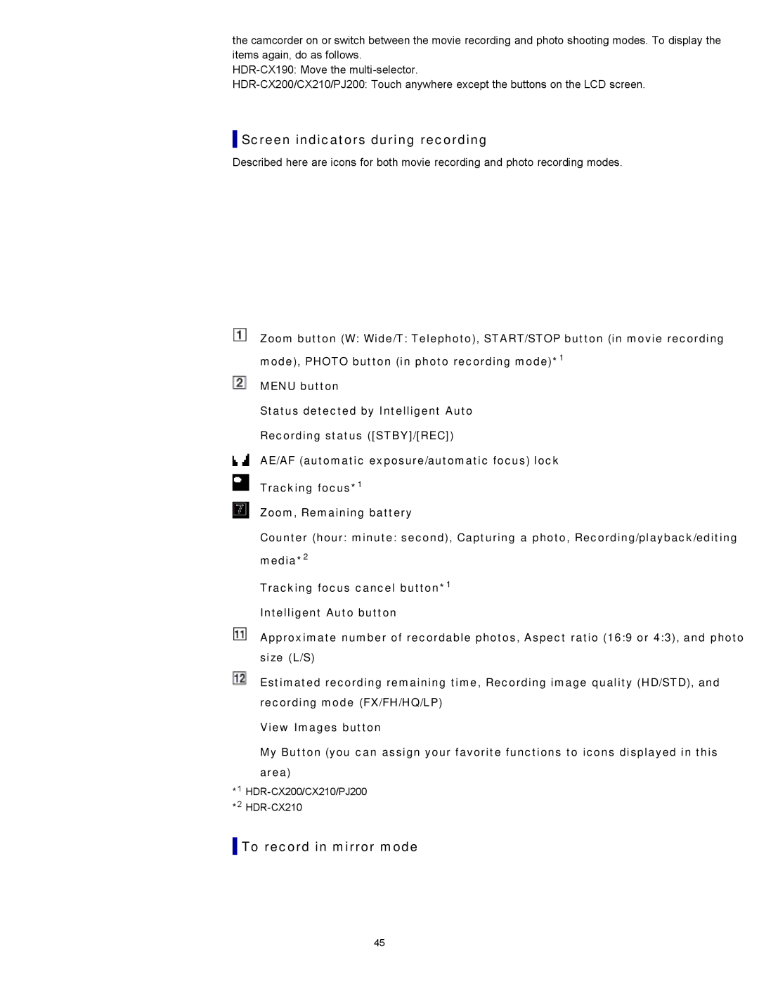 Sony PJ200, HDR-CX190, CX210, CX200 manual Screen indicators during recording, To record in mirror mode 