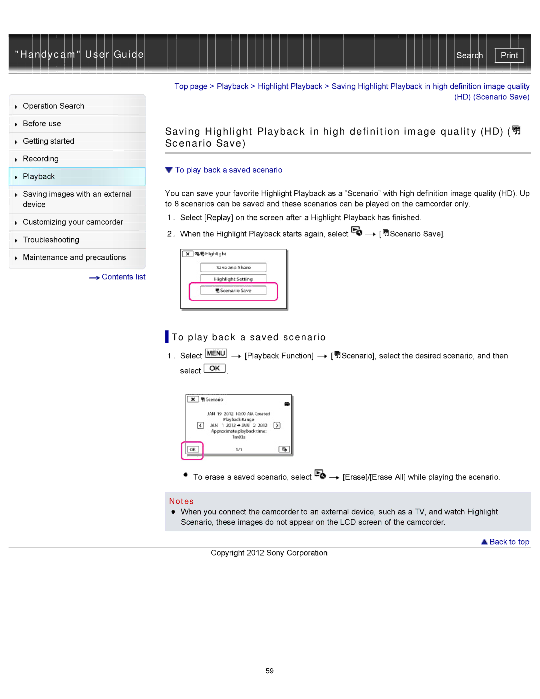 Sony CX200, HDR-CX190, PJ200, CX210 manual To play back a saved scenario 