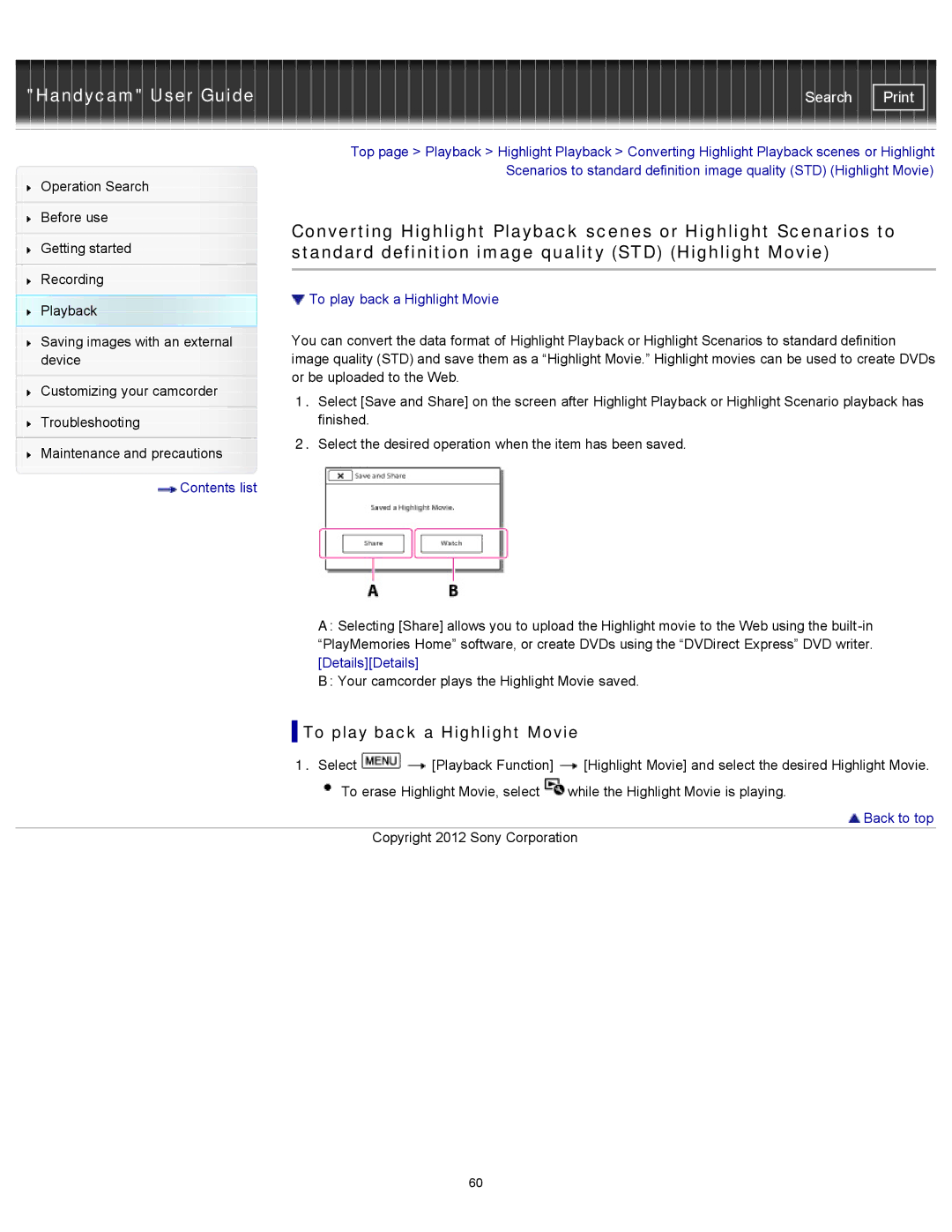 Sony HDR-CX190, PJ200, CX210, CX200 manual To play back a Highlight Movie 