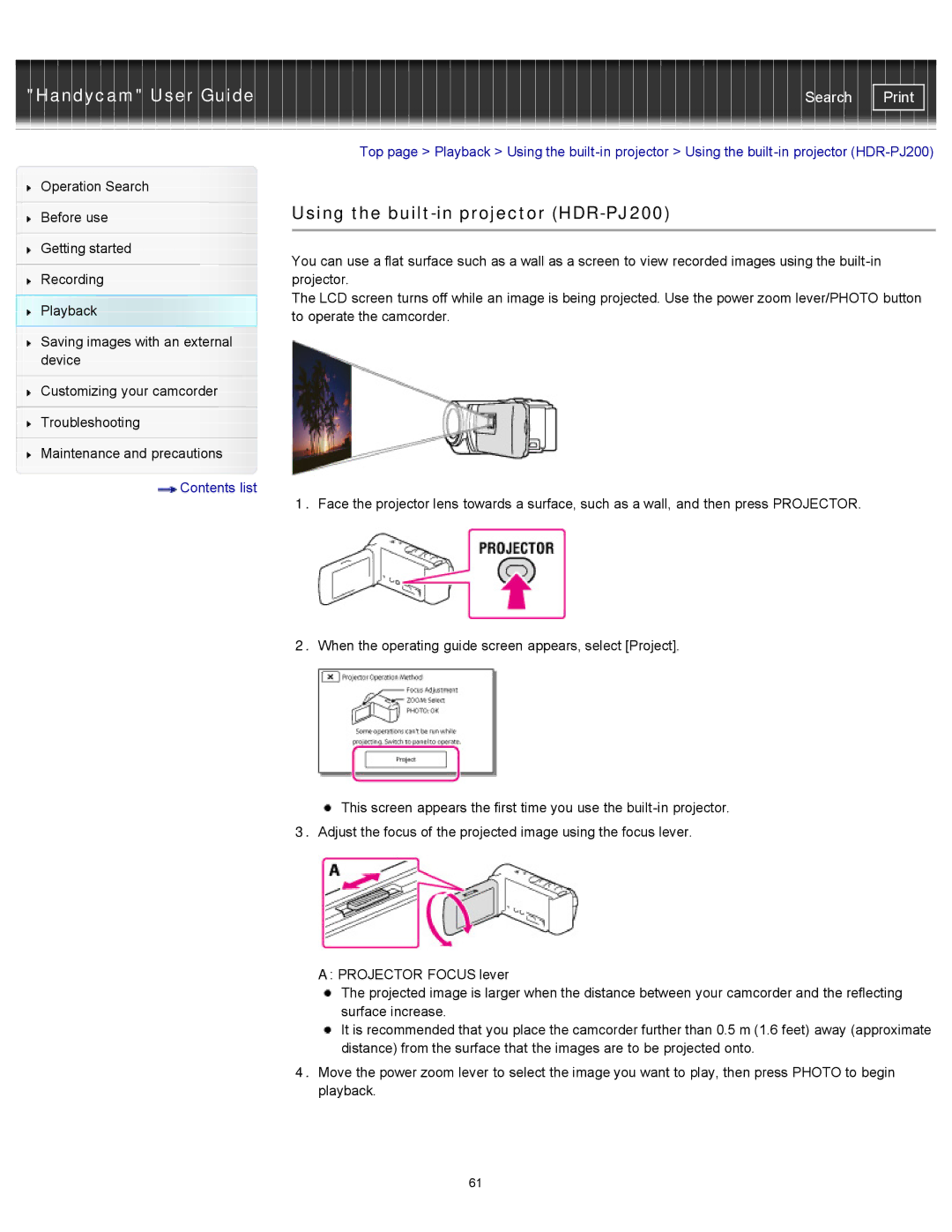 Sony HDR-CX190, CX210, CX200 manual Using the built-in projector HDR-PJ200 