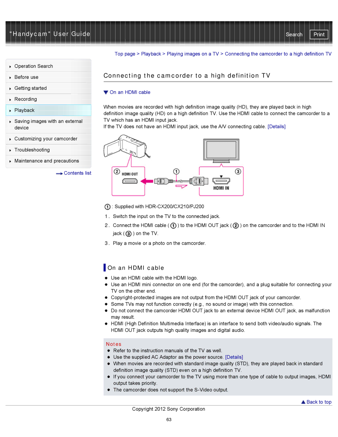 Sony CX200, HDR-CX190, PJ200, CX210 manual Connecting the camcorder to a high definition TV, On an Hdmi cable 