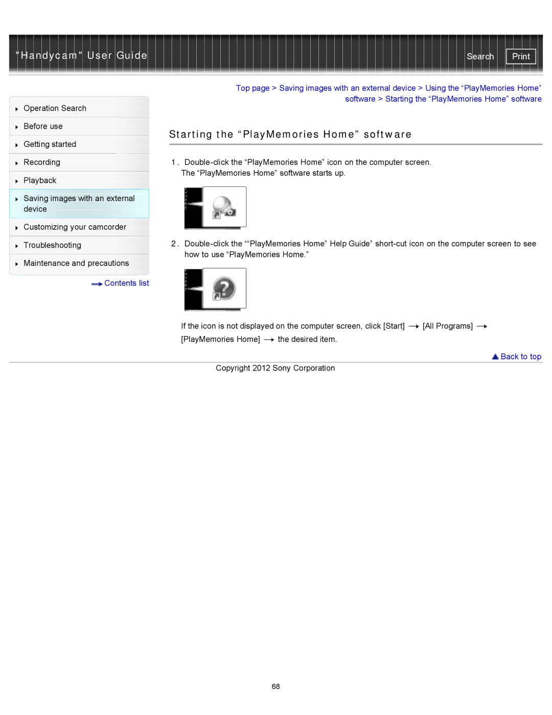 Sony HDR-CX190, PJ200, CX210, CX200 manual Starting the PlayMemories Home software 