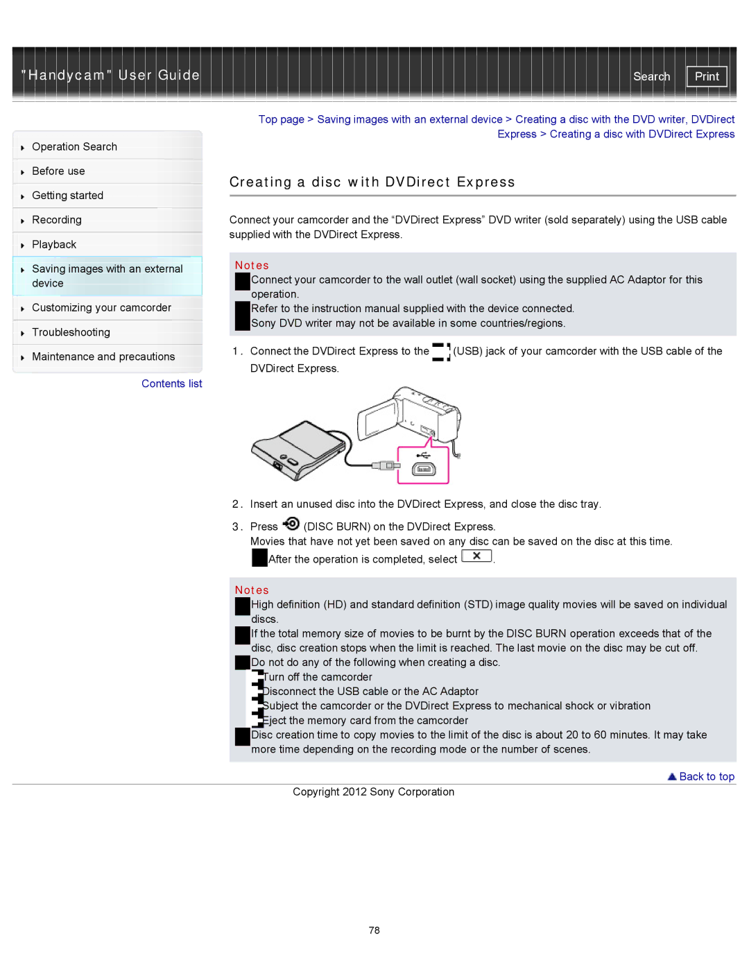 Sony CX210, HDR-CX190, PJ200, CX200 manual Creating a disc with DVDirect Express 