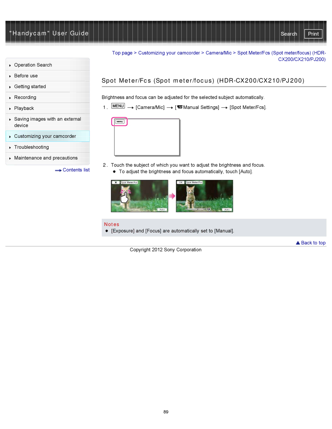 Sony HDR-CX190 manual Spot Meter/Fcs Spot meter/focus HDR-CX200/CX210/PJ200 