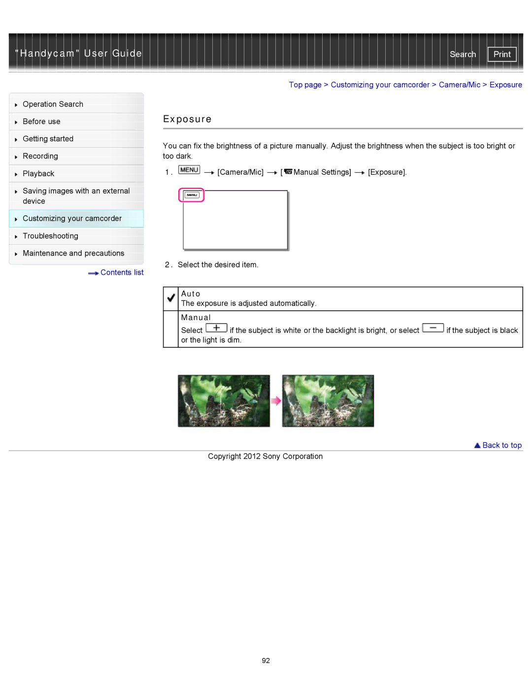 Sony HDR-CX190, PJ200, CX210, CX200 manual Top page Customizing your camcorder Camera/Mic Exposure, Manual 