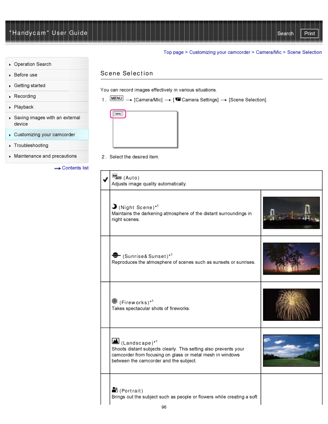 Sony HDR-CX190, PJ200, CX210, CX200 manual Scene Selection 