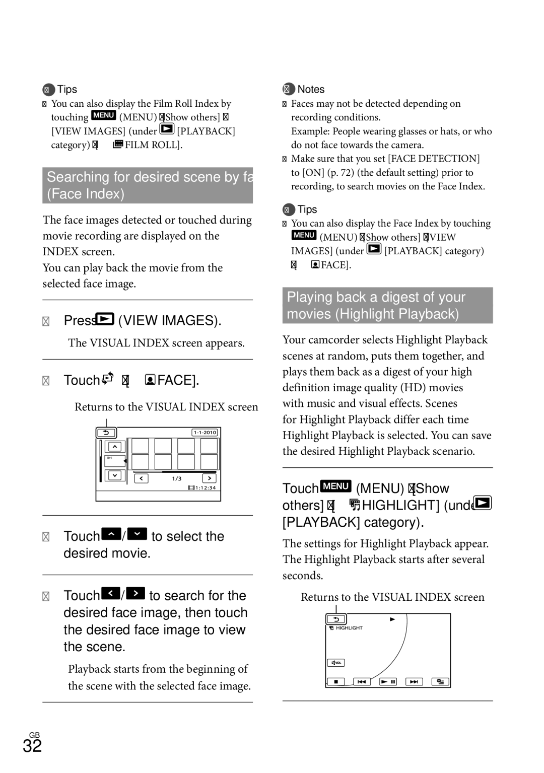 Sony HDR-CX350V manual Searching for desired scene by face Face Index,  Touch  Face, Returns to the Visual Index screen 