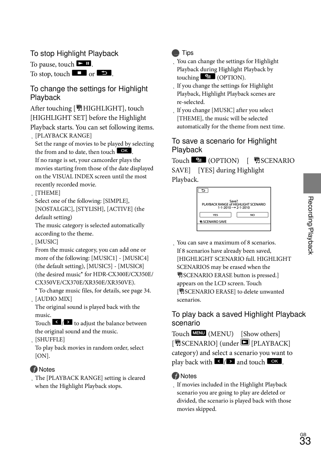 Sony HD-RCX300, HDR-CX350V, HDR-CX370, HDR-XR350 To stop Highlight Playback, To change the settings for Highlight Playback 