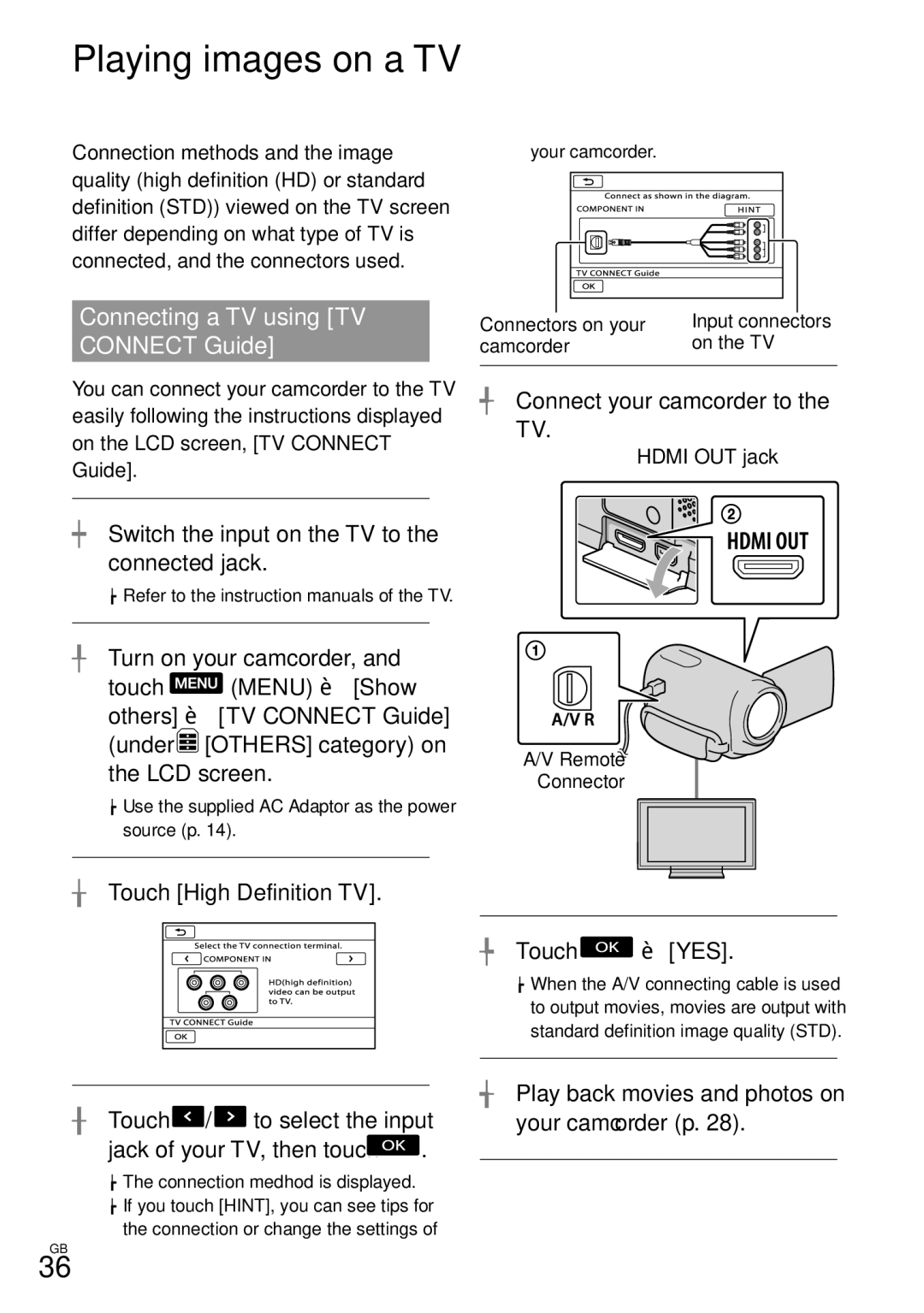 Sony HDR-XR350, HDR-CX350V, HD-RCX300, HDR-CX370 manual Playing images on a TV, Connecting a TV using TV Connect Guide 