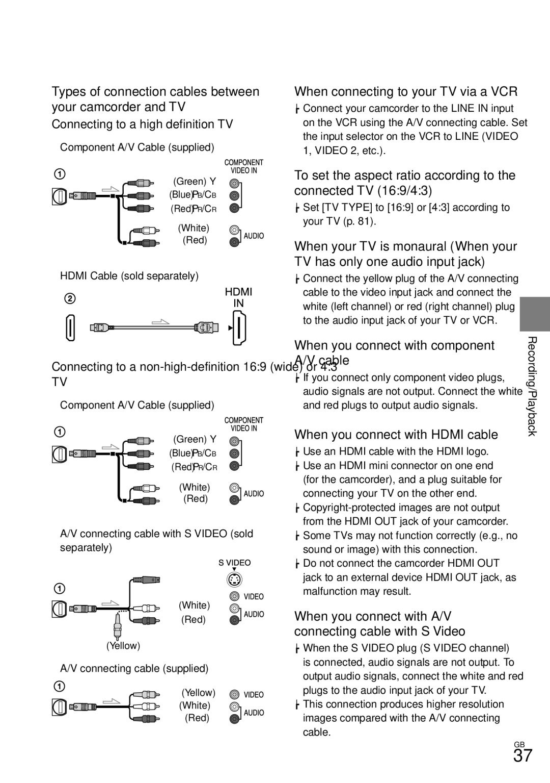 Sony HDR-CX350V, HD-RCX300, HDR-CX370 manual When connecting to your TV via a VCR, When you connect with component, Cable 