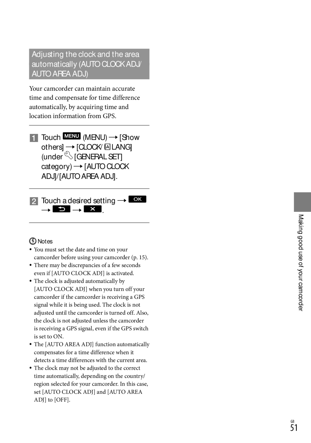 Sony HDR-XR350, HDR-CX350V, HD-RCX300, HDR-CX370 manual Auto Area ADJ 