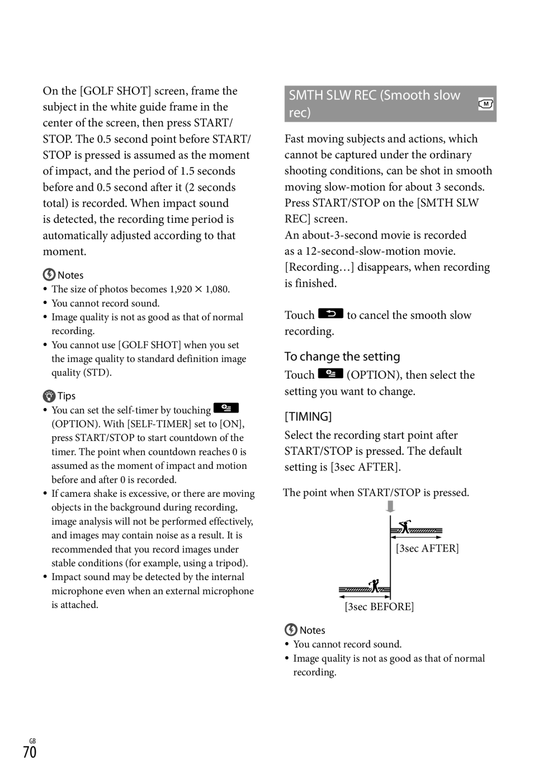 Sony HDR-CX370, HDR-CX350V, HD-RCX300, HDR-XR350 Smth SLW REC Smooth slow rec, To change the setting, Timing, 3sec Before 