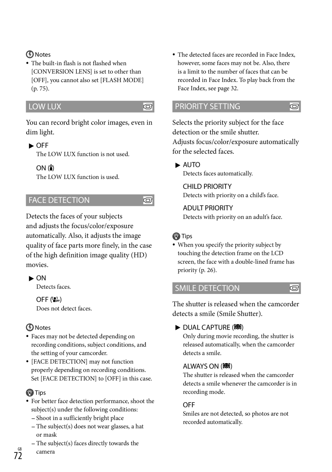 Sony HDR-CX350V, HD-RCX300, HDR-CX370, HDR-XR350 manual Low Lux, Face Detection, Priority Setting, Smile Detection 