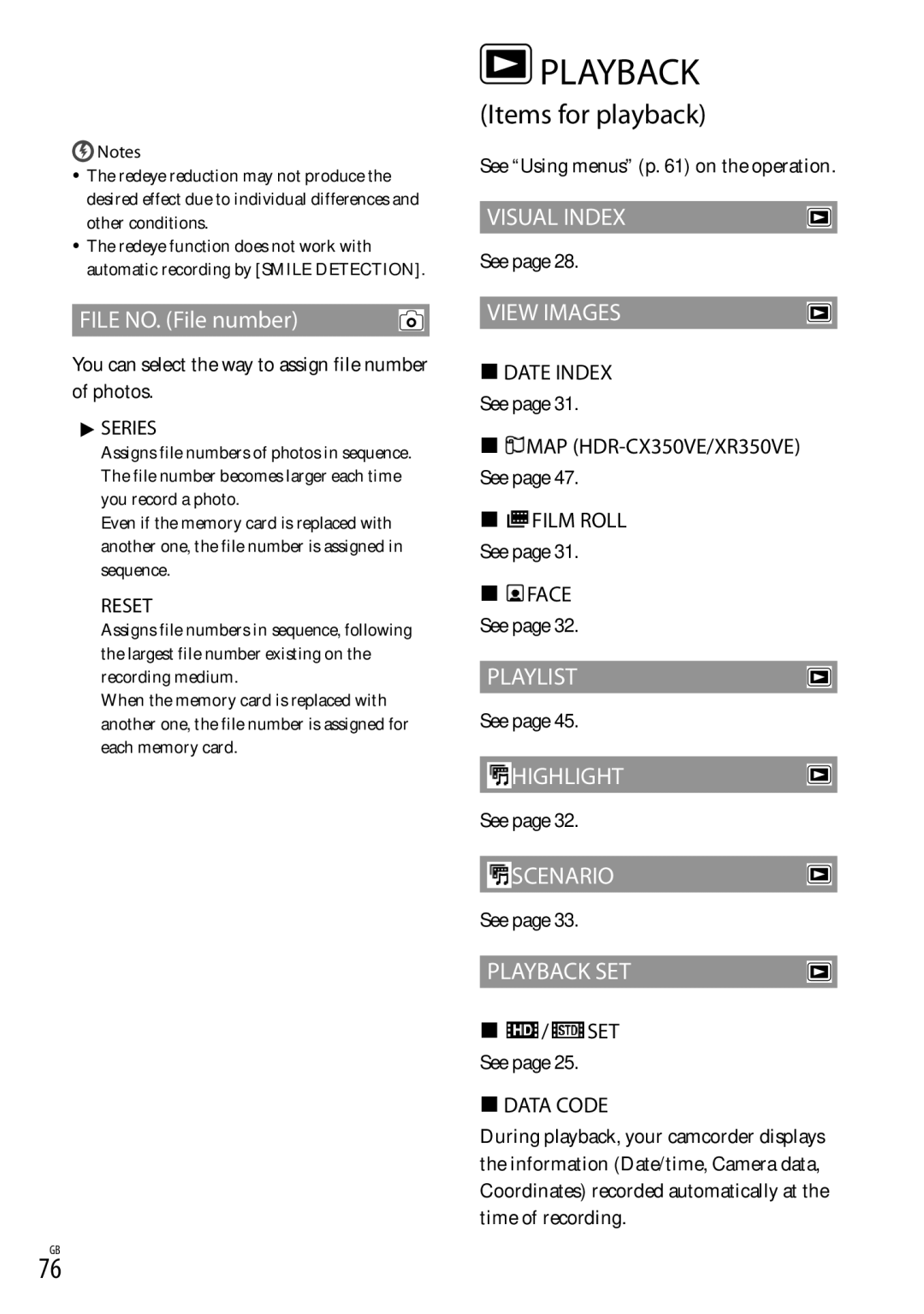 Sony HDR-XR350, HDR-CX350V, HD-RCX300, HDR-CX370 manual Items for playback 