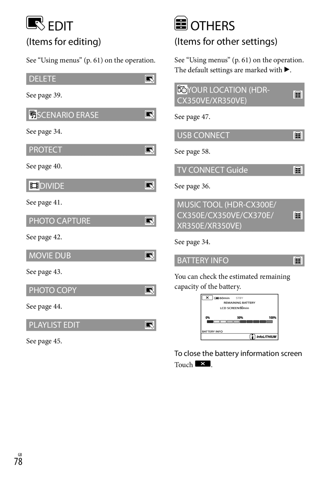 Sony HD-RCX300, HDR-CX350V, HDR-CX370, HDR-XR350 manual Items for editing, Items for other settings 