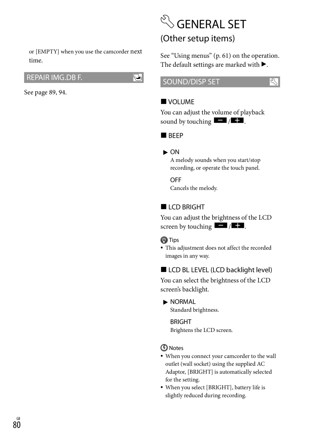 Sony HDR-CX370, HDR-CX350V, HD-RCX300, HDR-XR350 manual Other setup items, Repair IMG.DB F, Sound/Disp Set 