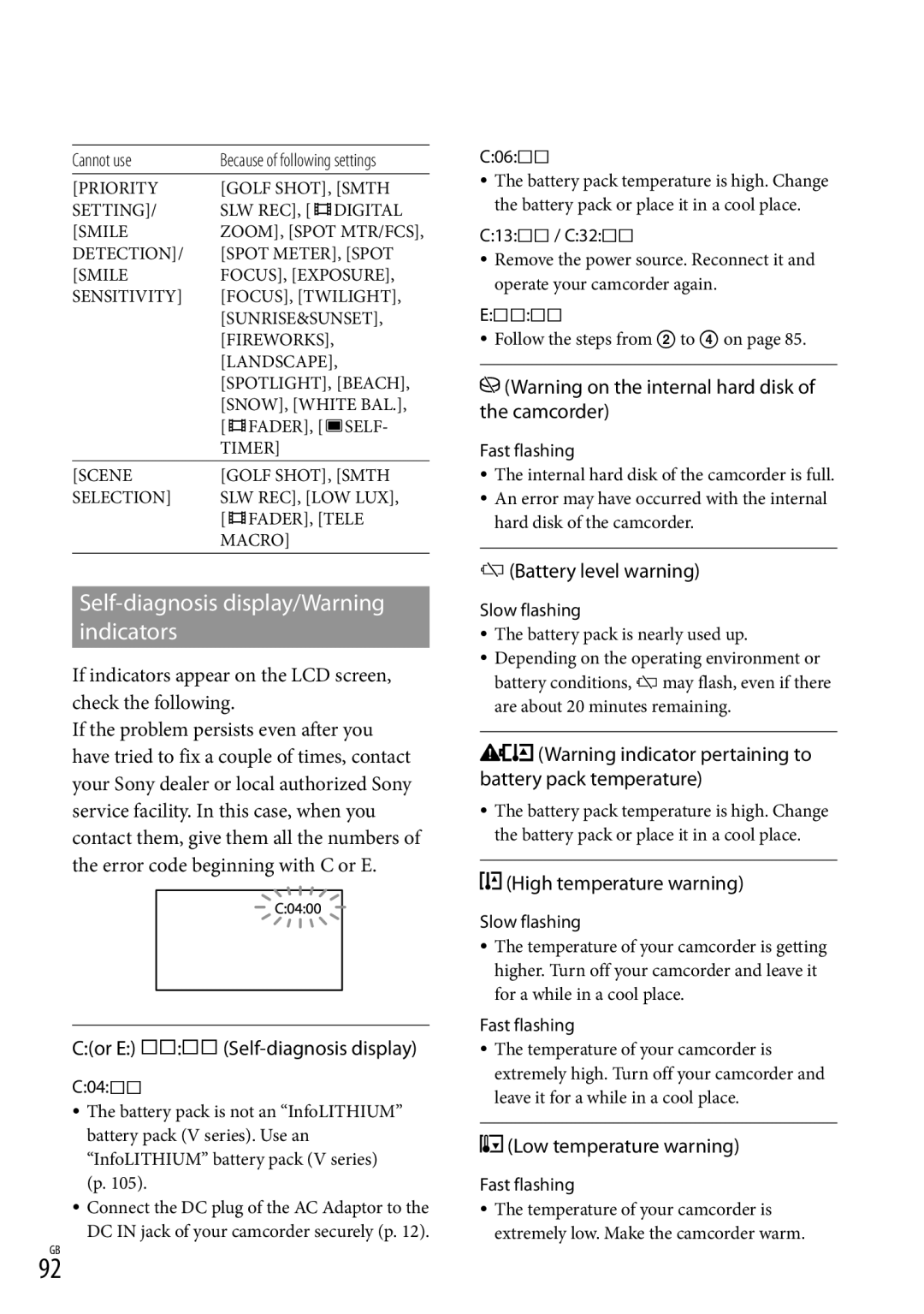 Sony HDR-CX350V manual Self-diagnosis display/Warning indicators, Cor E Self-diagnosis display,  Battery level warning 