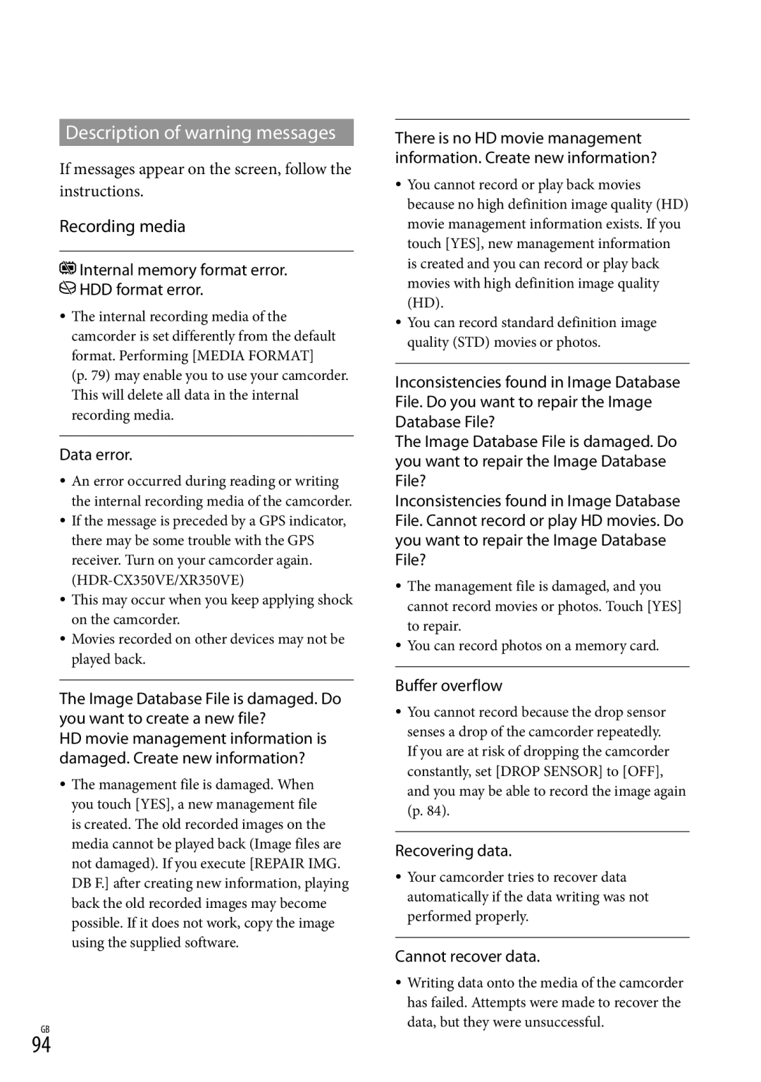 Sony HDR-CX350 manual Description of warning messages, Data error, Buffer overflow, Recovering data, Cannot recover data 