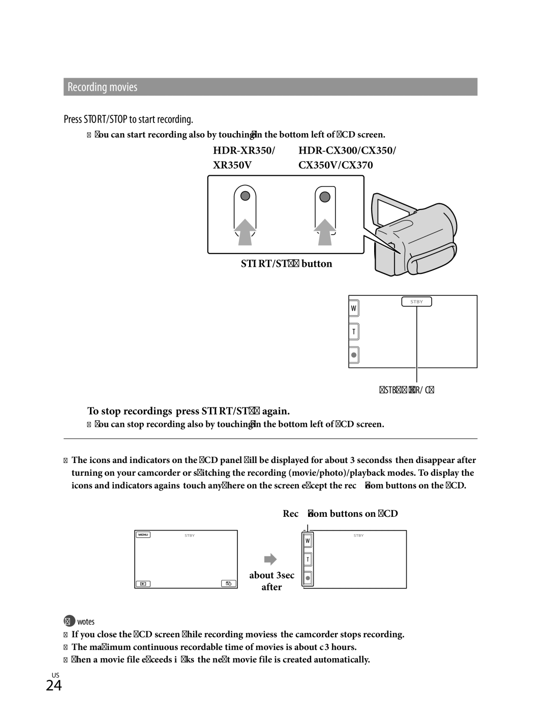 Sony HDR-XR350, HDR-CX350V, HD-RCX300, HDR-CX370 manual Recording movies, Press START/STOP to start recording 