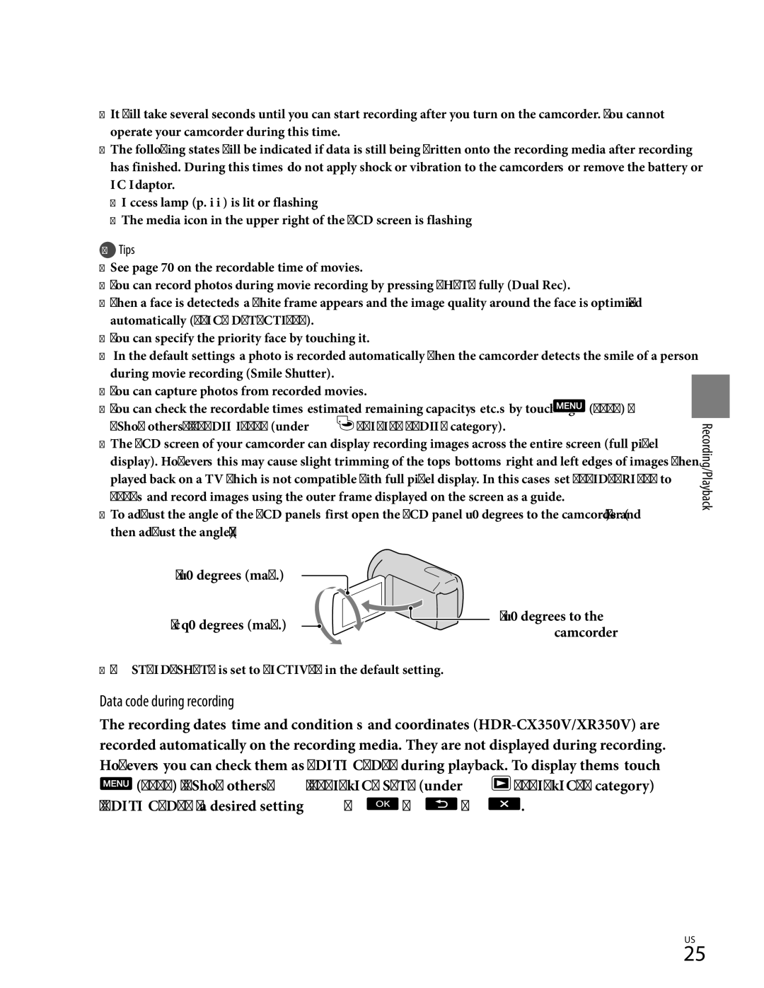 Sony HDR-CX350V, HD-RCX300, HDR-CX370, HDR-XR350 manual Data code during recording 