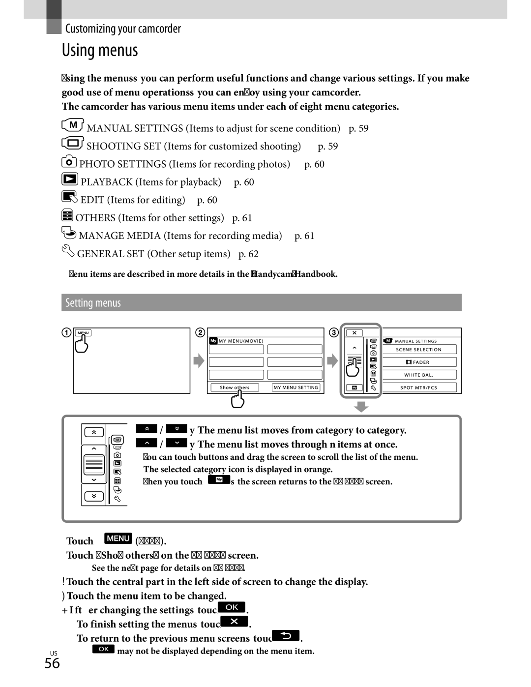 Sony HD-RCX300, HDR-CX350V, HDR-CX370, HDR-XR350 manual Using menus, Setting menus 