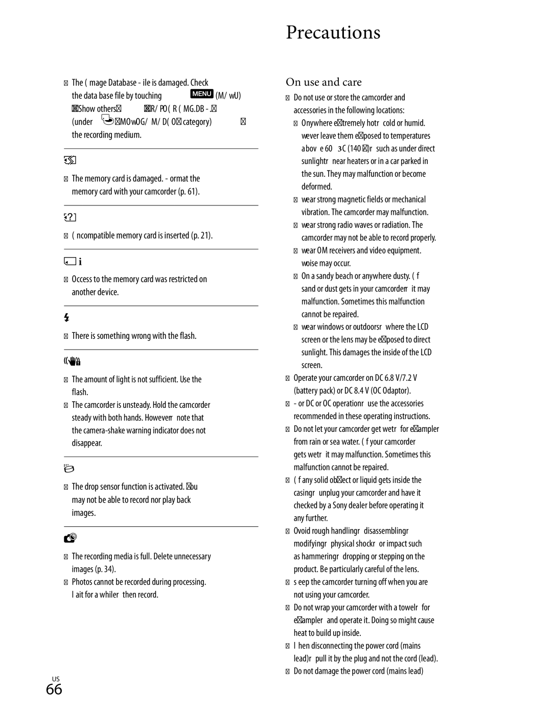 Sony HD-RCX300, HDR-CX350V, HDR-CX370, HDR-XR350 manual Precautions, On use and care 