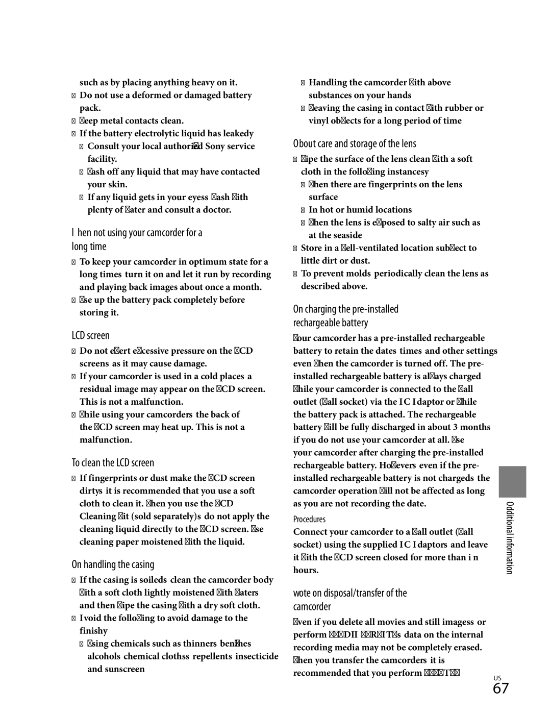 Sony HDR-CX350 manual When not using your camcorder for a long time, To clean the LCD screen, On handling the casing 