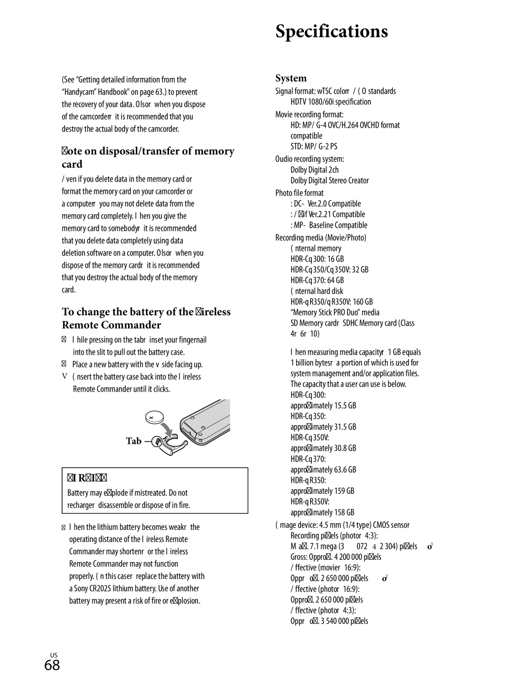 Sony HDR-CX370, HDR-CX350V, HD-RCX300 Specifications, To change the battery of the Wireless Remote Commander, System, Tab 