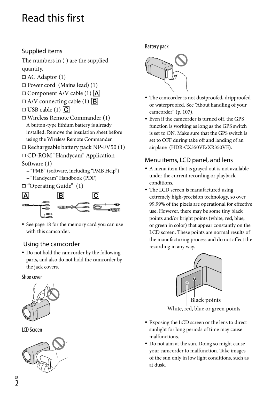 Sony HDR-CX350V, HD-RCX300 manual Read this first, Supplied items, Using the camcorder, Shoe cover LCD Screen Battery pack 