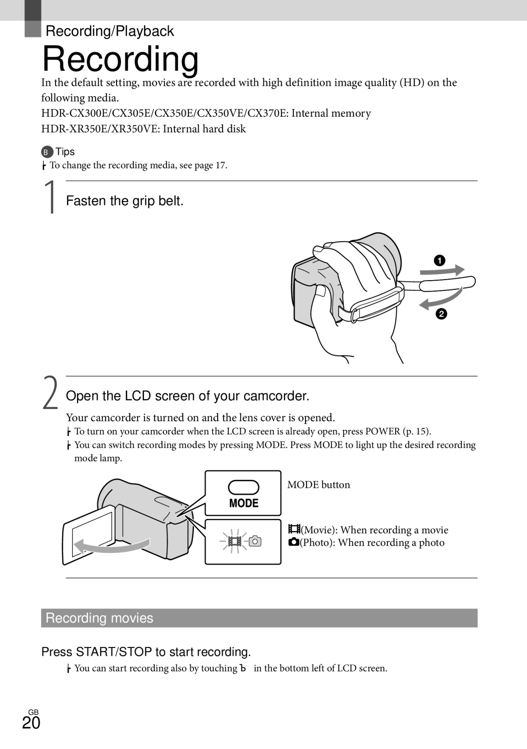 Sony HDR-CX370, HDR-CX350V, HD-RCX300, HDR-XR350 manual Recording movies, Press START/STOP to start recording 