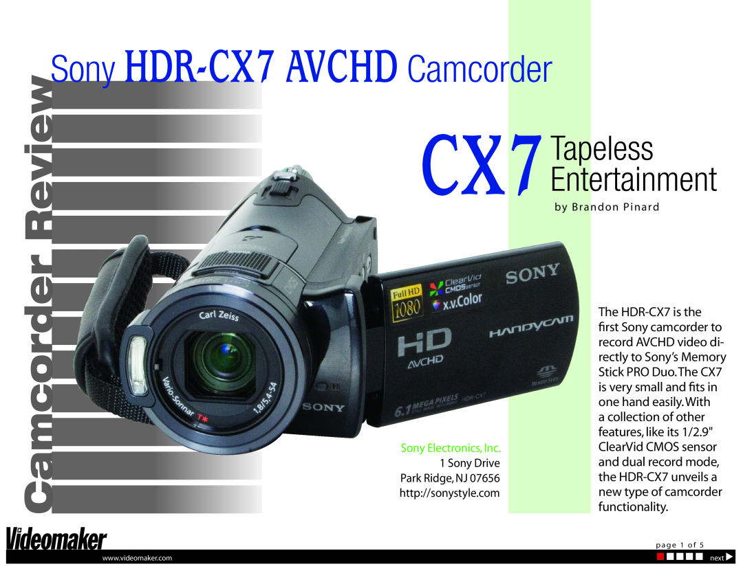 Sony manual Sony HDR-CX7 AVCHD Camcorder, CX7Tapeless Entertainment 