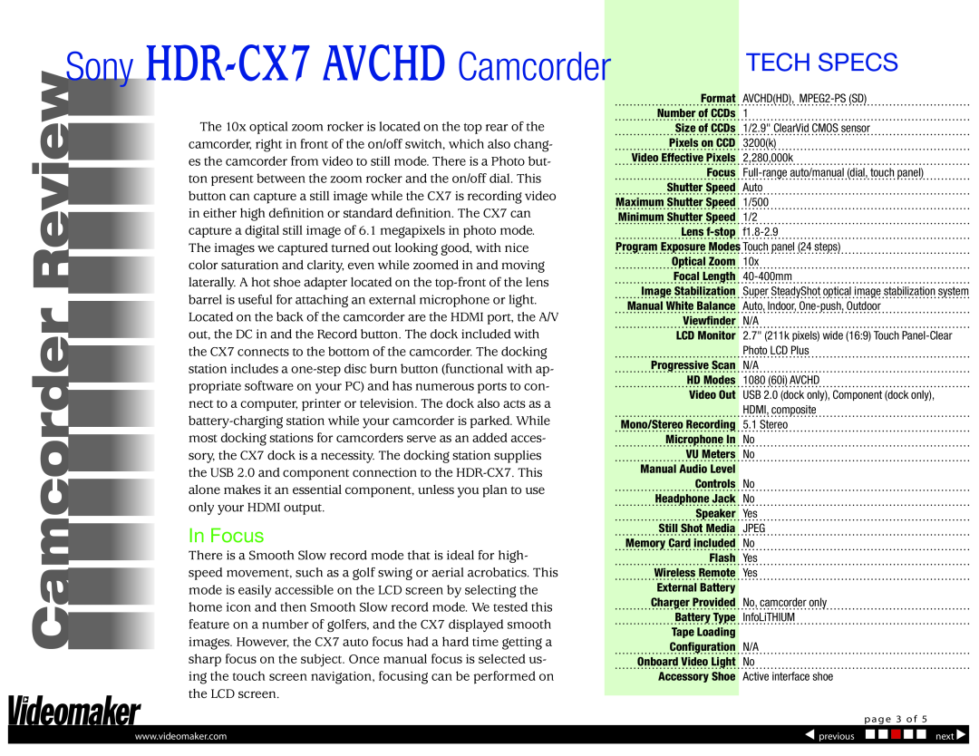 Sony manual Tech Specs, In Focus, Sony HDR-CX7 AVCHD Camcorder 