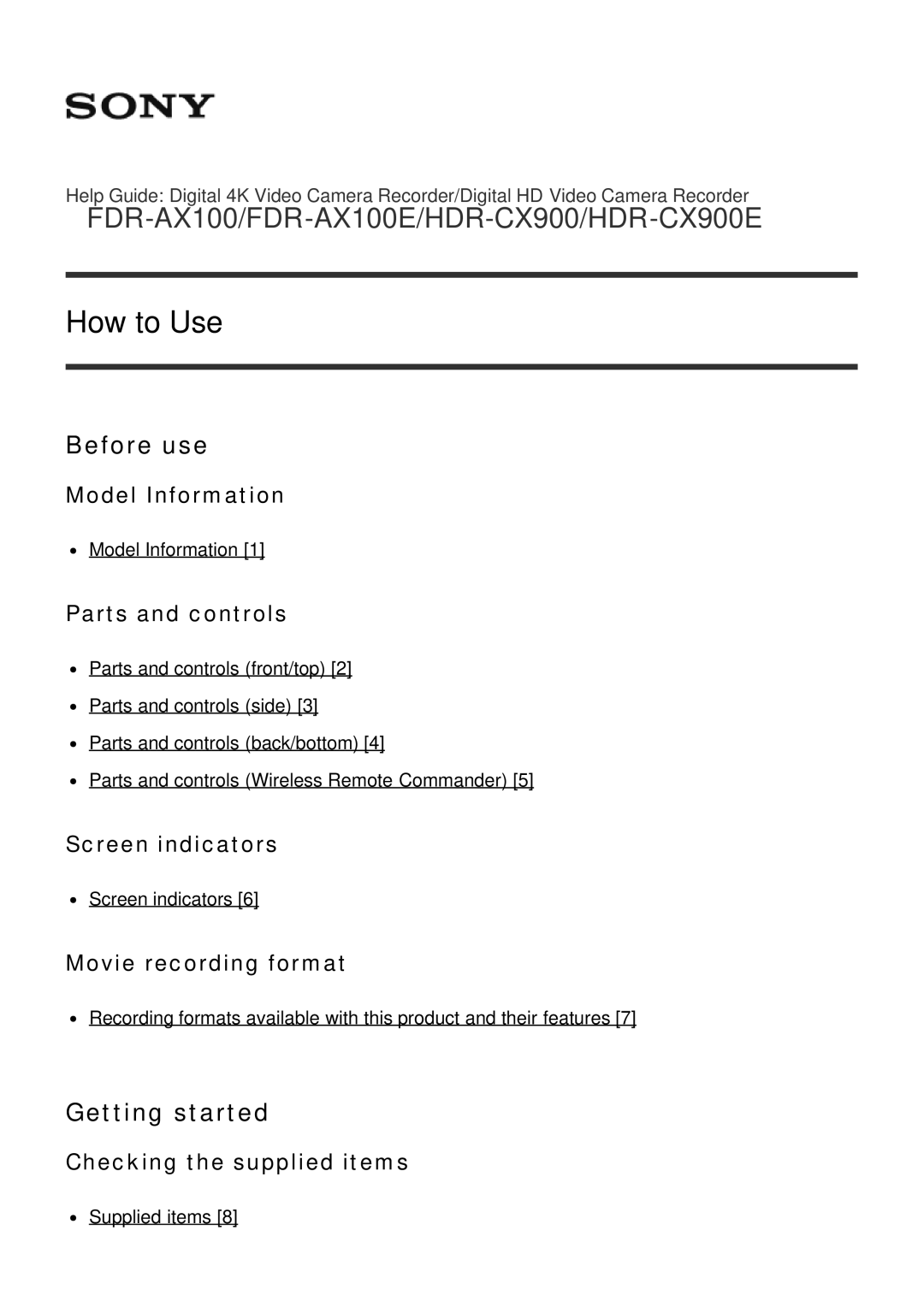 Sony HDR-CX900E, FDR-AX100E manual How to Use, Before use, Getting started 