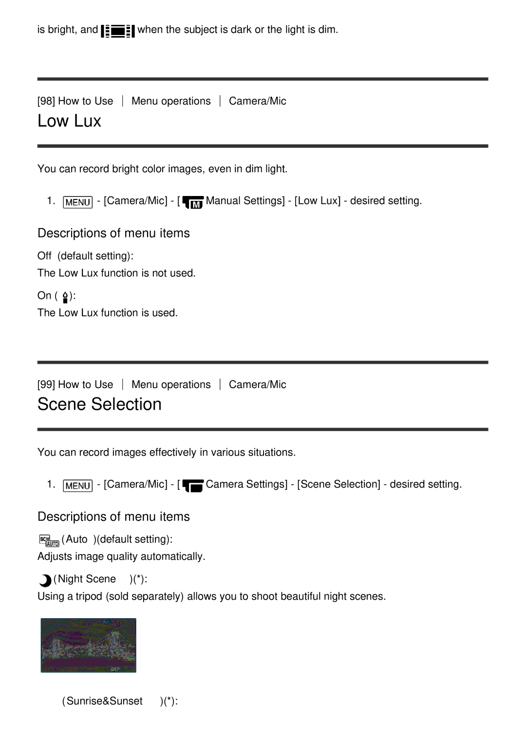 Sony HDR-CX900E, FDR-AX100E manual Low Lux, Scene Selection, Autodefault setting, Night Scene, Sunrise&Sunset 