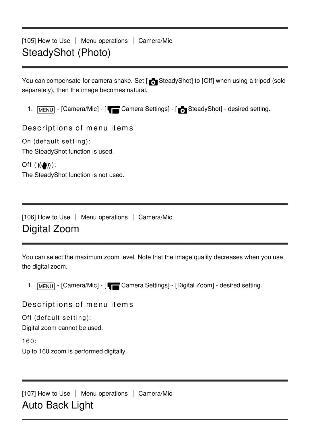 Sony HDR-CX900E, FDR-AX100E manual SteadyShot Photo, Digital Zoom, Auto Back Light, On default setting, 160 