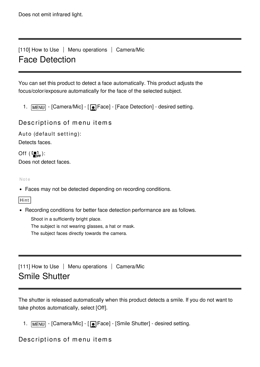 Sony HDR-CX900E, FDR-AX100E manual Face Detection, Smile Shutter 