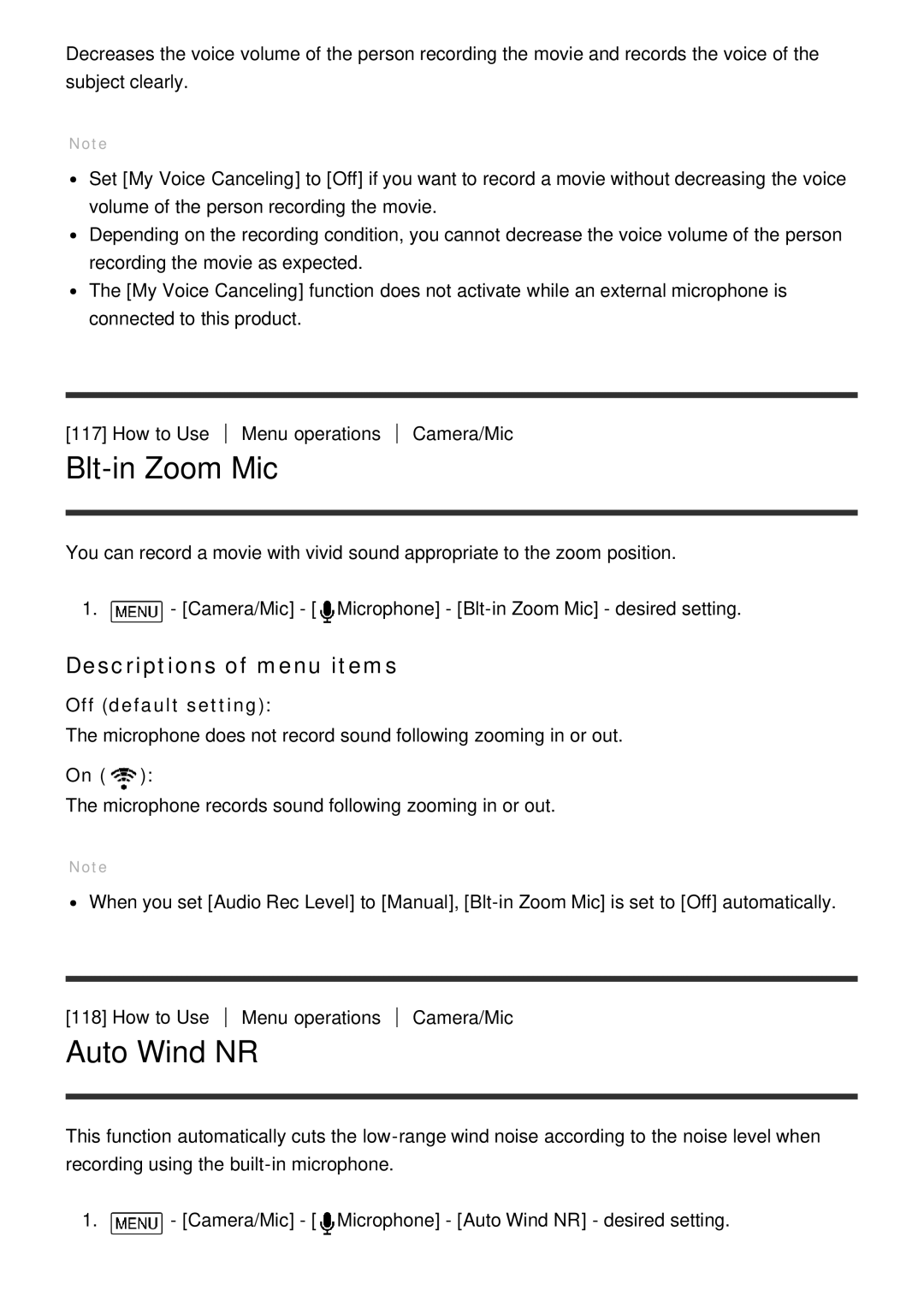 Sony HDR-CX900E, FDR-AX100E manual Blt-in Zoom Mic, Auto Wind NR 