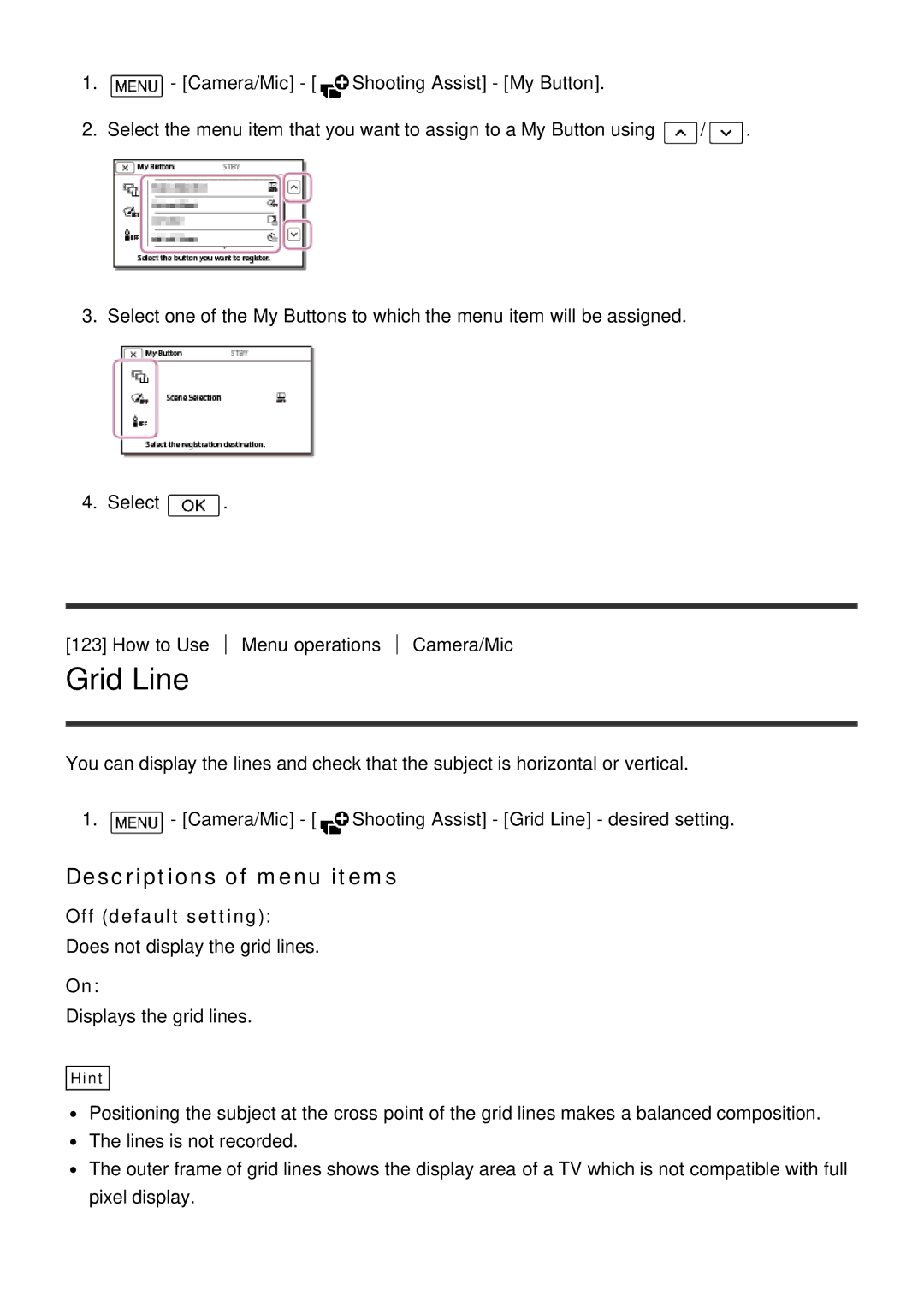 Sony FDR-AX100E, HDR-CX900E manual Grid Line, Off default setting 