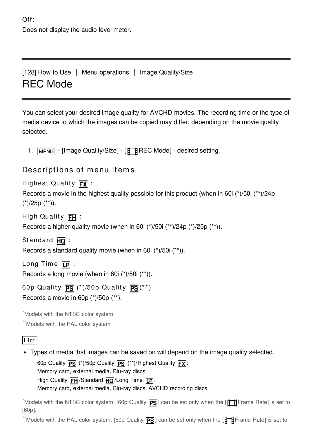 Sony HDR-CX900E, FDR-AX100E manual REC Mode 