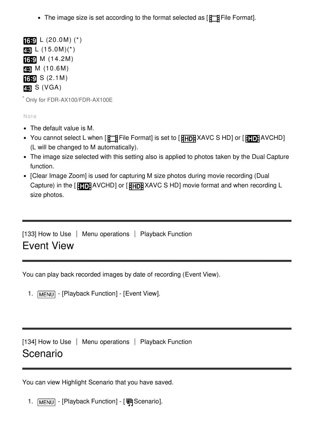Sony HDR-CX900E, FDR-AX100E manual Event View, Scenario, 20.0M 15.0M 14.2M 10.6M VGA 
