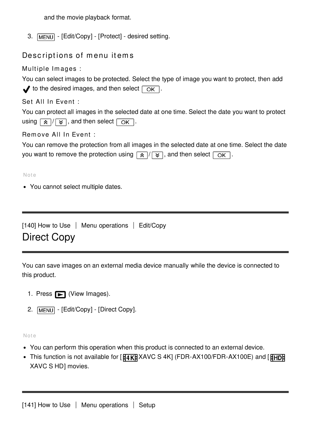 Sony HDR-CX900E, FDR-AX100E manual Direct Copy, Set All In Event, Remove All In Event 