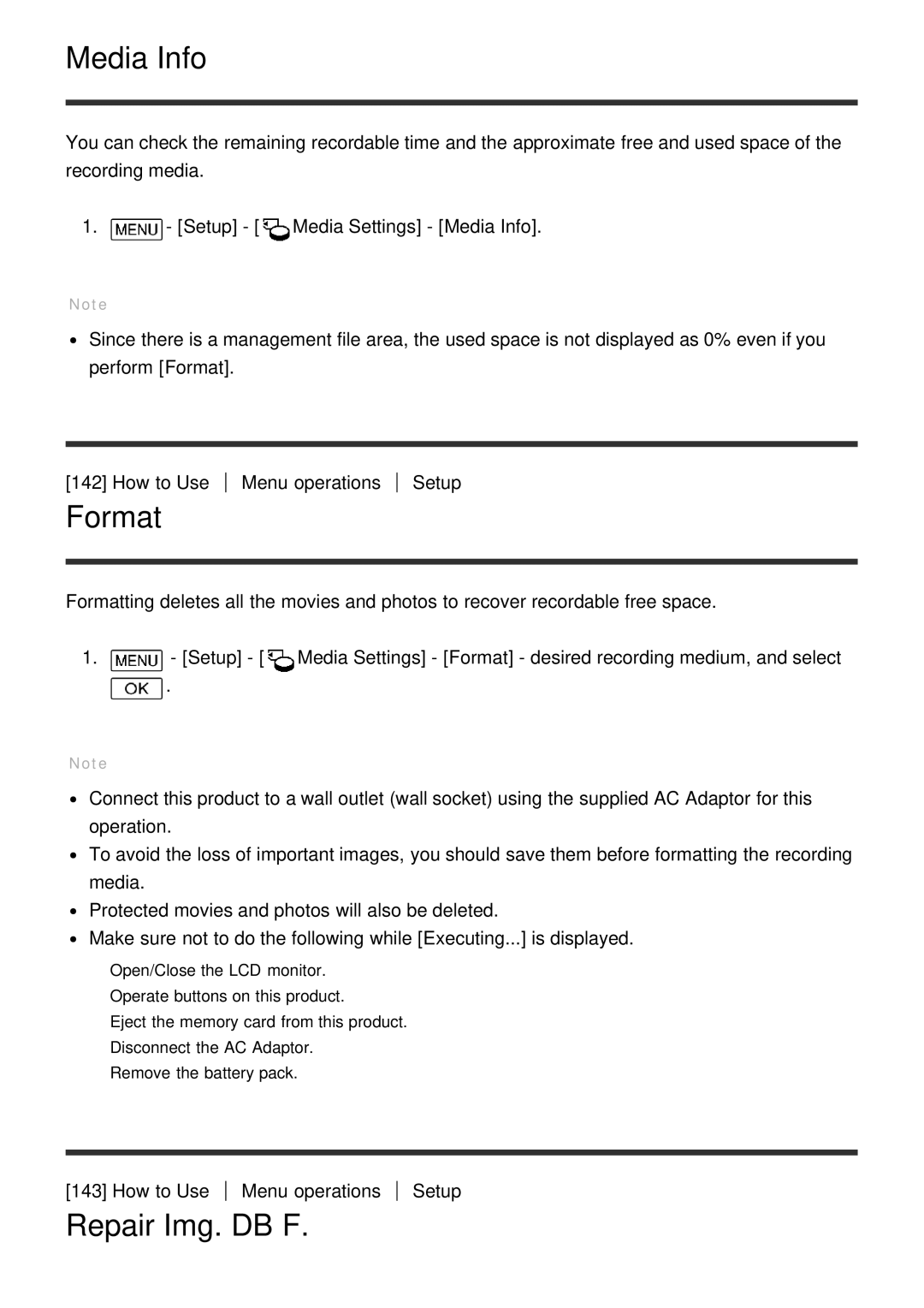 Sony HDR-CX900E, FDR-AX100E manual Media Info, Format, Repair Img. DB F 